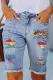 Rainbow Cut-out Raw Hem Sheath Casual Denim Bermuda  Shorts