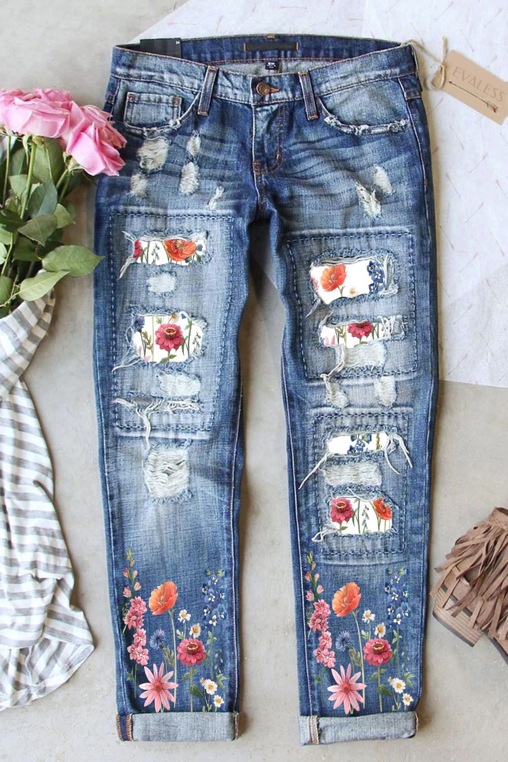 FLORAL SHIFT CASUAL RIPPED JEANS