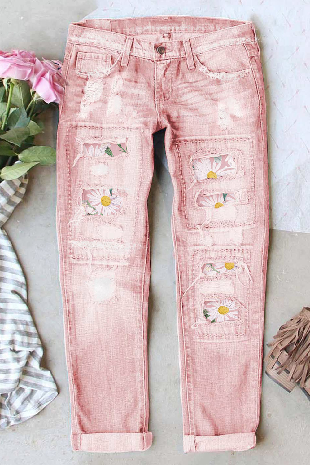 Daisy Pink Floral Shift Casual Ripped Jeans LC7873558-10