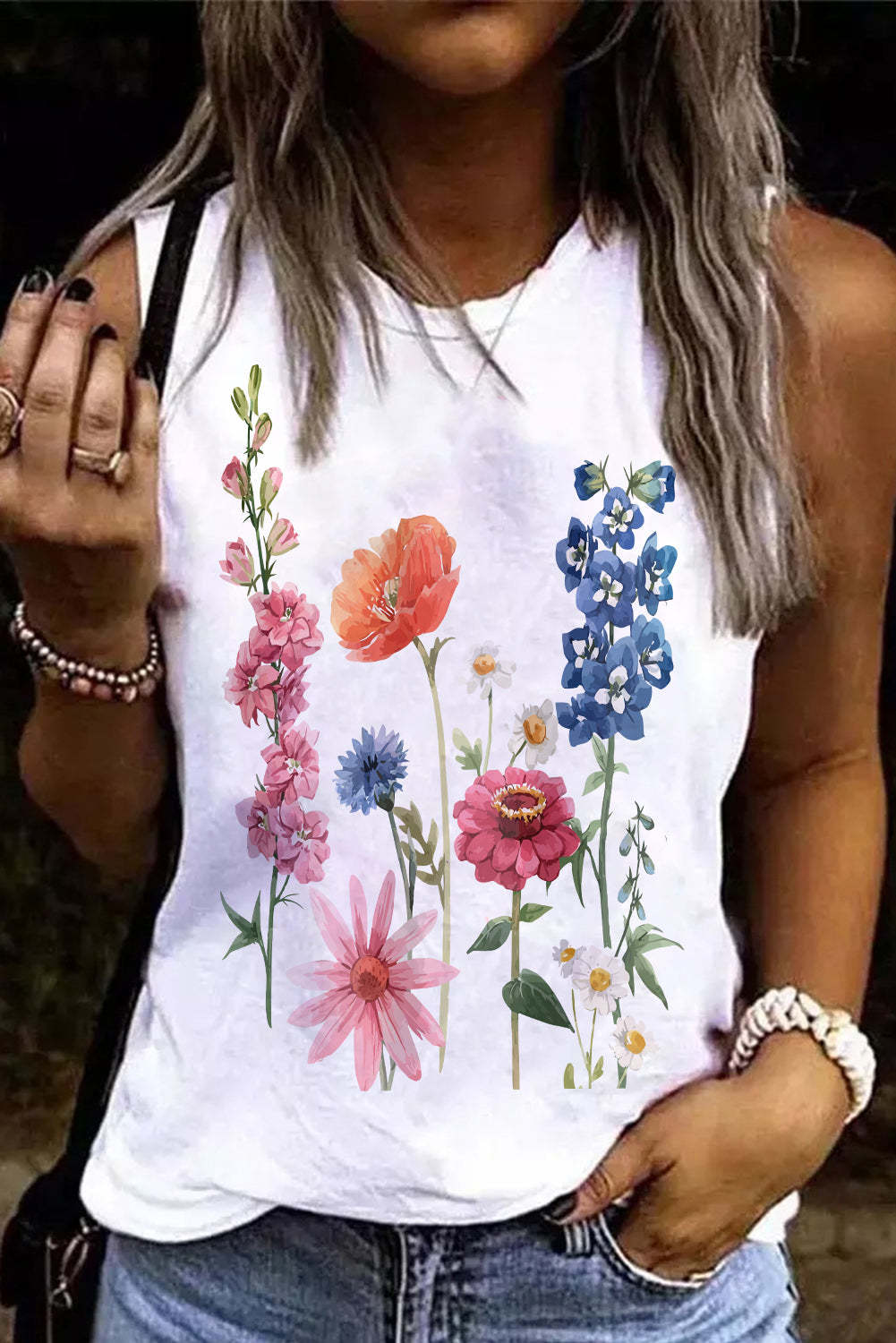 FLORAL ROUND NECK SHIFT CASUAL TANK TOPS