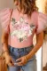 Pink Peony Floral Patchwork Round Neck Sheath Casual Blouse