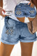 Custom Personalized Number Checkerboard Mid Waist Denim Ripped Shorts