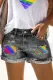 Rainbow Casual Non-elastic Ripped Denim Shorts