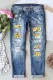 Sky Blue Sunflower Patchwork Ripped Casual Jeans