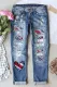 Heart-shape American Flag Graphic Patchwork Casual Ripped Jeans