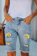 Sunflower Floral Cut-out Raw Hem Sheath Casual Denim Bermuda Shorts
