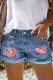 Floral Ripped  Casual Non-elastic Denim Shorts
