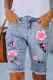 Cherry Blossoms Cut-out Raw Hem Sheath Casual Denim Bermuda Shorts