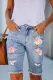 Pink Floral Cut-out Raw Hem Sheath Casual Denim Bermuda Shorts