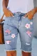 Cherry Blossoms Pink Floral Cut-out Raw Hem Sheath Casual Denim Bermuda Shorts