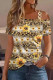 Sunflower Floral Asymmetrical Cold Shoulder Neck Casual T-Shirts