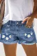 Floral Graphic Raw Hem Ripped Casual Non-elastic Denim Shorts