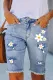 Daisy Floral Cut-out Raw Hem Sheath Casual Denim Bermuda Shorts