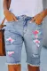 Summer Flamingo Floral Cut-out Raw Hem Sheath Casual Denim Shorts