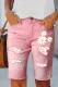 Spring Pink Floral Graphic Cut-out Raw Hem Sheath Casual Denim Bermuda Shorts
