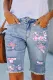 Cherry Blossoms Pink Floral Cut-out Raw Hem Sheath Casual Denim Bermuda Shorts