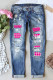 Sky Blue Rosy Plaid Patchwork Casual Jeans