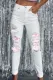 Pink Floral Raw Hem Sheath Casual Ripped Jeans