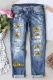 Sky Blue Sunflower Letter Ripped Casual Jeans