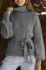 Turtleneck Sweaters Long Sleeve Belted Waist Knitted Pullover Top
