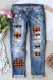 Plaid Pumpkin Graphic Ripped Patchwork Mid Waist Casual Jeans