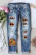 Plaid Pumpkin Graphic Ripped Mid Waist Casual Jeans