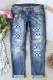 Checherboard Plaid Ripped Mid Waist Denim Casual Jeans