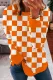 Orange Checkerboard Plaid Round Neck Shift Casual Sweatshirts