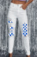 Blue Checkerboard Plaid Raw Hem Sheath Casual Ripped Jeans