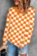 Checkerboard Orange Plaid Graphic Round Neck Casual Pullover Sweatshirt