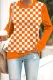 Orange Plaid Checkerboard Round Neck Shift Casual Long Sleeve Top