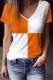 Orange and White Plaid Graphic V Neck Casual T-Shirts