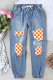 Checkerboard Orange Plaid Graphic Drawstring Casual Ripped Jeans
