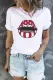 Red White Lips Star Round Neck Shift Casual T-Shirts