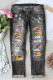 Tiger American Footabll Graphic Ripped Mid Waist Casual Jeans