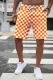 Orange Checkerboard Graphic Casual Drawstring Shorts
