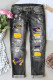 Gray Purple Letter Ripped Casual Jeans