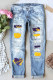 Light Blue-2 Purple Letter Ripped Casual Jeans