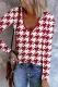 Red Houndstooth V Neck Shift Casual Blouse