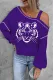 Purple Yellow Tiger Cold Shoulder Asymmetrical Neck Shift Casual Long Sleeve Top