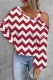 Red Striped Cold Shoulder Asymmetrical Neck Shift Casual Long Sleeve Top