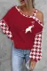 Red Houndstooth Elephant Cold Shoulder Asymmetrical Neck Long Sleeve Top