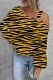 Yellow Striped Cold Shoulder Asymmetrical Neck Shift Casual Long Sleeve Top