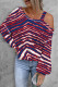 Blue Red White Stripes Striped Asymmetrical Neck Shift Casual Long Sleeve Top
