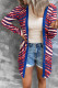 Red and Blue Striped Graphic Open-Front Buttons Cardigan
