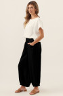Black Shirred Wide Waistband Casual Textured Linen Pants
