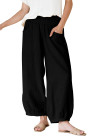 Black Shirred Wide Waistband Casual Textured Linen Pants