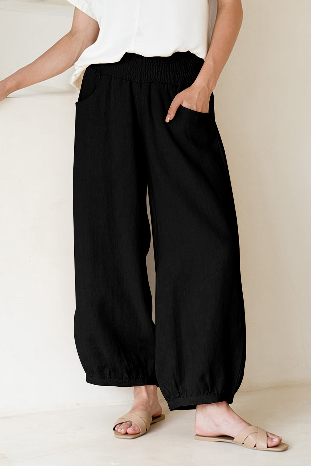 Black Shirred Wide Waistband Casual Textured Linen Pants