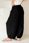 Black Shirred Wide Waistband Casual Textured Linen Pants