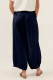 Navy Blue Shirred Wide Waistband Casual Textured Linen Pants